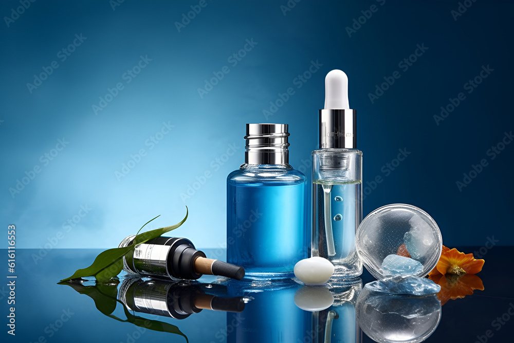 Beautiful spa composition on blue background. Natural skincare cosmetic products. AI generated Beautiful spa composition on blue background. Natural skincare cosmetic products. AI generated