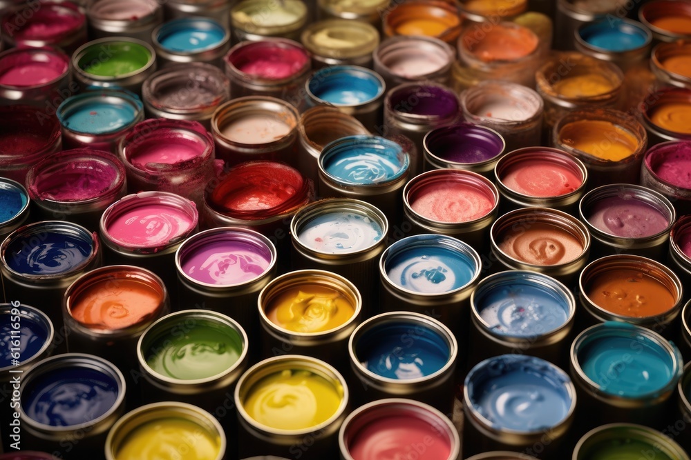 Open cans of paints, different colors. Generative AI Open cans of paints, different colors. Generative AI