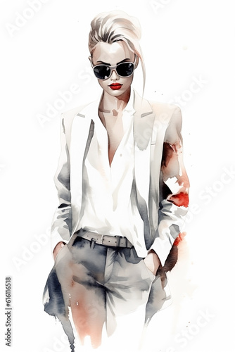 Watercolor woman portrait fashion illustration on white background. Casual style. Ai generated