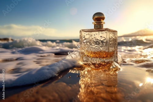 A bottle of perfume on a beach background. Generative AI