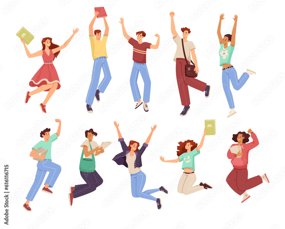 Happy Students Jumping Feeling Happiness and Rejoice Vector Set