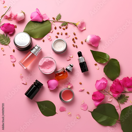 Beautiful spa composition on pink background. Natural skincare cosmetic products. AI generated