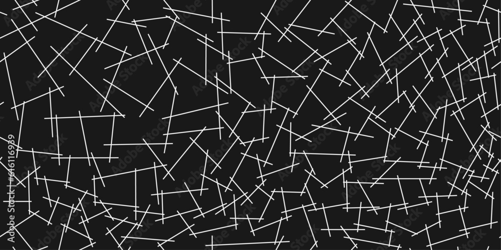 White sticks on a black background, a repeating pattern of randomly placed sticks. For print and stylish design.
