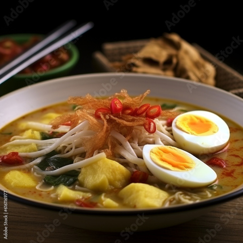 a bowl of ramen noodles with chopped eggs photo