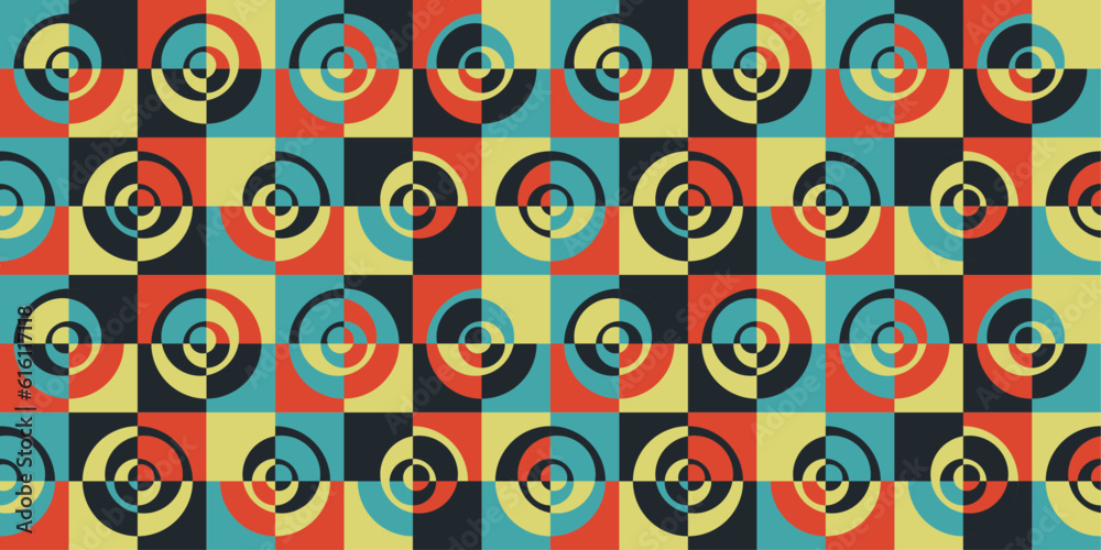 Mosaic pattern with quarters, colorful rings on the tiles.  Vector and geometrical tile pattern. Modern abstract tile with rings and squares.