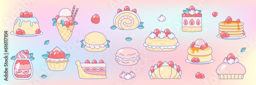 Set of strawberry desserts. Flat cartoon illustration of summer berry desserts like pancakes, macaroon, croissant, ice cream, panna cotta etc. on a rainbow pastel background. Vector 10 EPS.