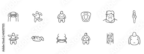 Weight Loss Journey Illustration. Weight loss and healthy lifestyle changes, including exercise, balanced nutrition, portion control, and determination. Vector black icon