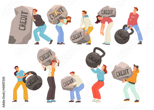 People with Heavy Stone and Kettlebell as Severity of Loan and Mortgage Vector Set