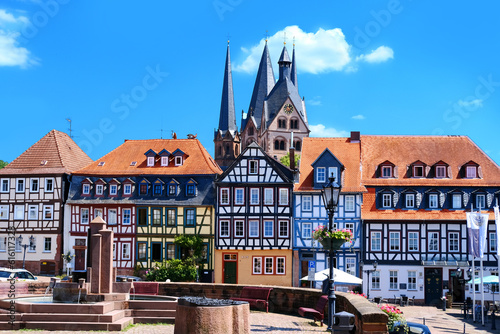 medieval market square, German landmark, Gelnhausen city, capital of Main-Kinzig-Kreis in Hesse, beautiful facade, tileable roofs of old half-timbered houses, Gelnhausen, Germany, June 8, 2023