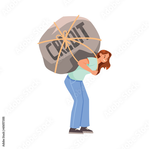 Woman Character Carrying Heavy Stone on Her Back as Severity of Loan and Mortgage Vector Illustration