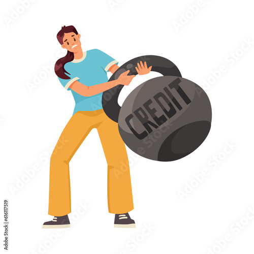 Woman Character with Heavy Kettlebell as Severity of Loan and Mortgage Vector Illustration