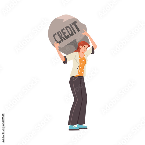 Woman Character Carrying Heavy Stone on Her Back as Severity of Loan and Mortgage Vector Illustration