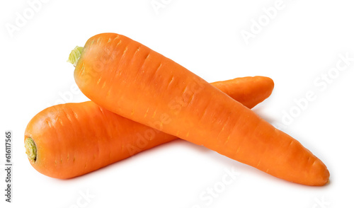 Two fresh orange carrots in stack isolated on white background with clipping path. Close up of healthy vegetable root