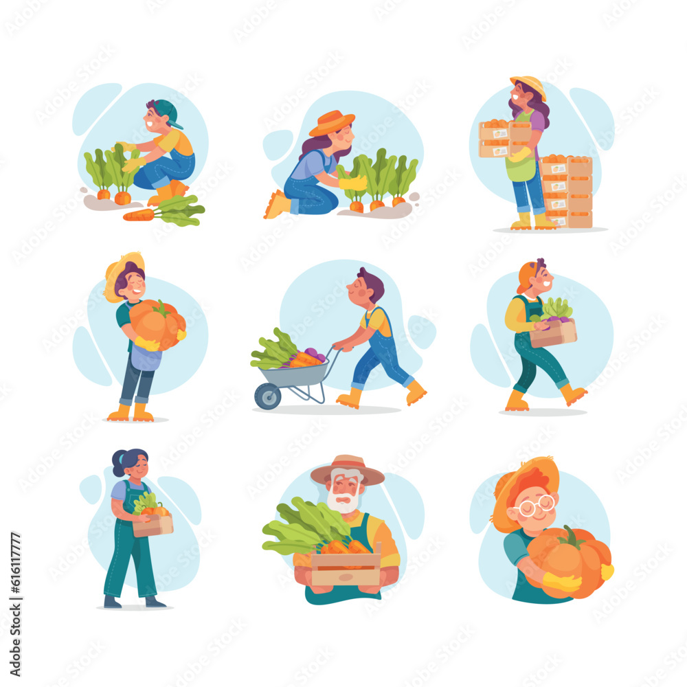 People Characters Harvesting Picking and Gathering Ripe Crops Vector Illustration Set People Characters Harvesting Picking and Gathering Ripe Crops Vector Illustration Set