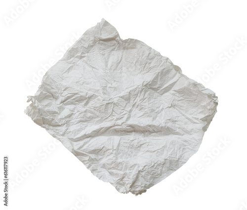 Single screwed or crumpled tissue paper or napkin in strange shape after use in toilet or restroom isolated on white background with clipping path in png file format.