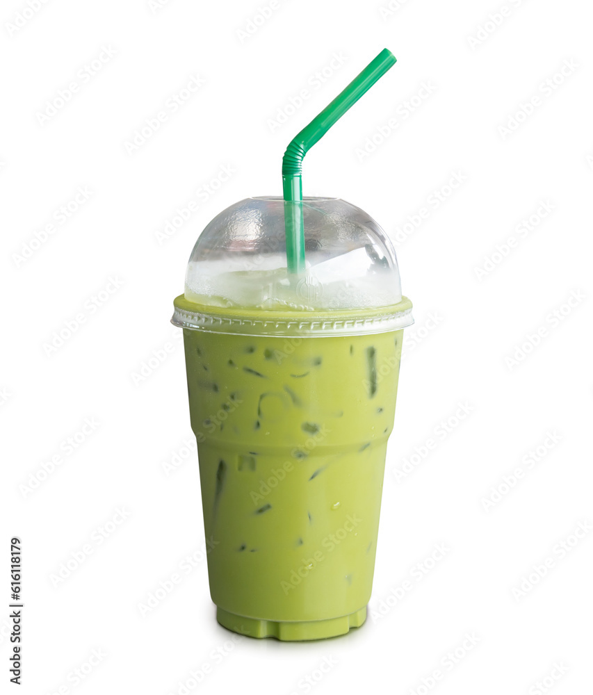 Iced matcha green tea with condensed milk in transparent plastic glass isolated on white background with clipping path and shadow in png file format Iced matcha green tea with condensed milk in transparent plastic glass isolated on white background with clipping path and shadow in png file format