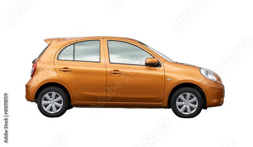 Single lovely small orange car isolated on white background with clipping path in png file format.