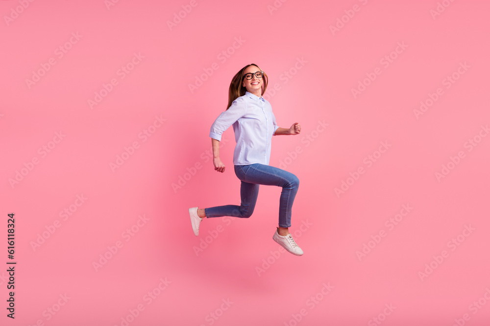 Full length photo of business woman lady rughing office good mood jump high isolated pink background
