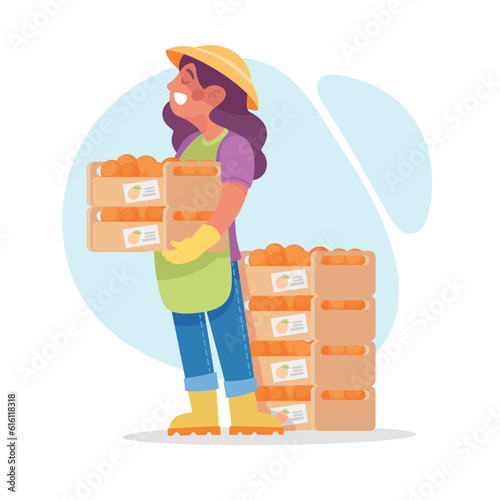 Harvesting Woman Character in Hat Holding Crate with Oranges Vector Illustration