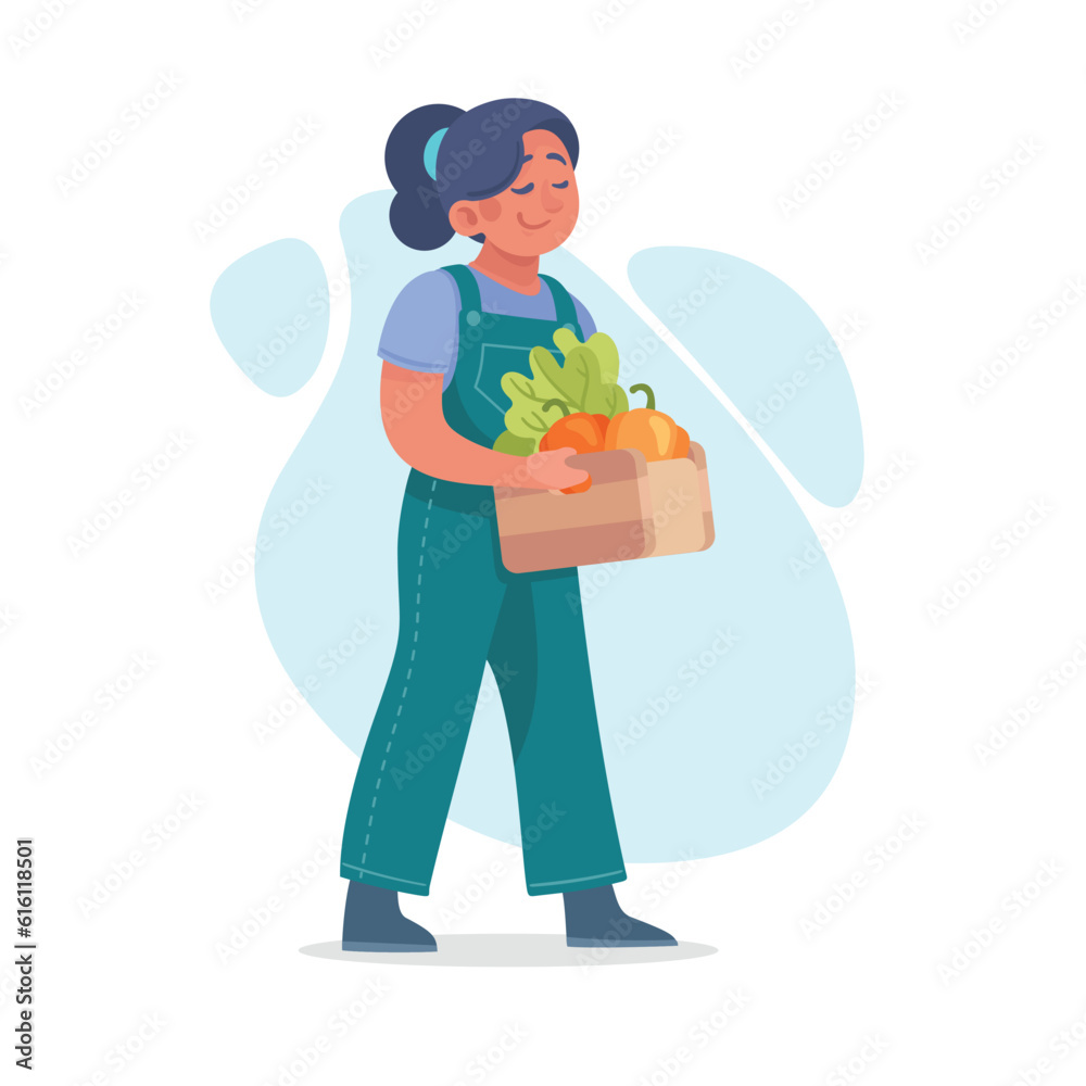 Harvesting Woman Character Carrying Crate with Pepper Crop Vector Illustration Harvesting Woman Character Carrying Crate with Pepper Crop Vector Illustration