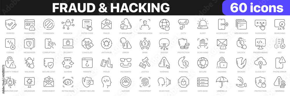 Fraud and hacking line icons collection. Hacker, crime, server, cyber security icons. UI icon set. Thin outline icons pack. Vector illustration EPS10 Fraud and hacking line icons collection. Hacker, crime, server, cyber security icons. UI icon set. Thin outline icons pack. Vector illustration EPS10
