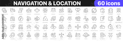 Navigation and location line icons collection. Map, pointer, travel, vacation, trip icons. UI icon set. Thin outline icons pack. Vector illustration EPS10