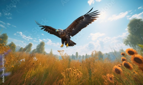 Bald Eagle Flying on Flower Field Blue Sky Background. Generative Ai