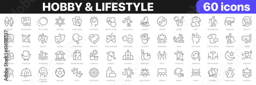 Hobby and lifestyle line icons collection. Religion, sport, game, fitness, music, cinema icons. UI icon set. Thin outline icons pack. Vector illustration EPS10