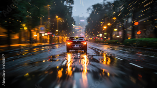 Generative ai illustration of a Car driving in rain and storm abstract background