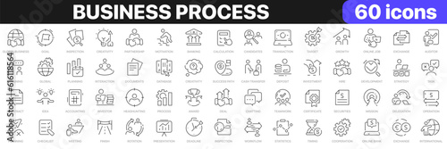 Business process line icons collection. Global business, finance, startup, goal, meeting icons. UI icon set. Thin outline icons pack. Vector illustration EPS10