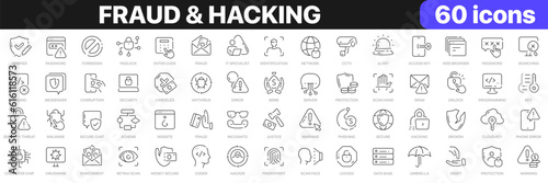 Fraud and hacking line icons collection. Hacker  crime  server  cyber security icons. UI icon set. Thin outline icons pack. Vector illustration EPS10