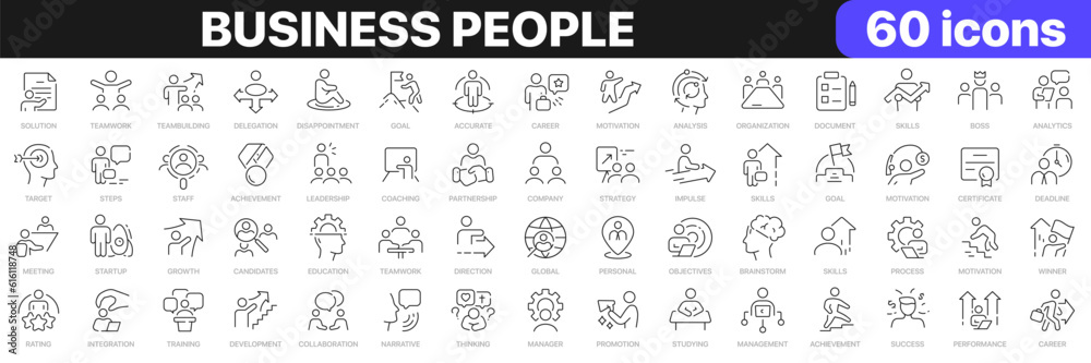 Business people line icons collection. Teamwork, goal, education, skills, career icons. UI icon set. Thin outline icons pack. Vector illustration EPS10