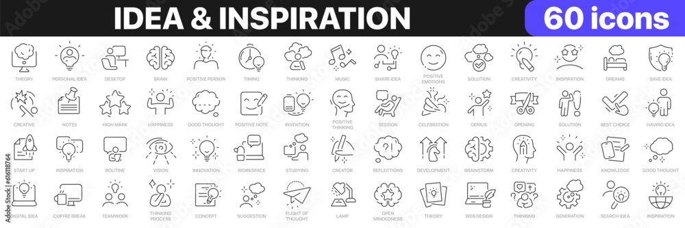 Idea and inspiration line icons collection. Theory, education, thinking, creative, startup icons. UI icon set. Thin outline icons pack. Vector illustration EPS10