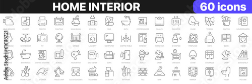 Home interior line icons collection. Dishes, devices, decoration icons. UI icon set. Thin outline icons pack. Vector illustration EPS10