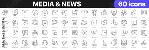 Media and news line icons collection. Television, blogging, social media, video, promotion icons. UI icon set. Thin outline icons pack. Vector illustration EPS10