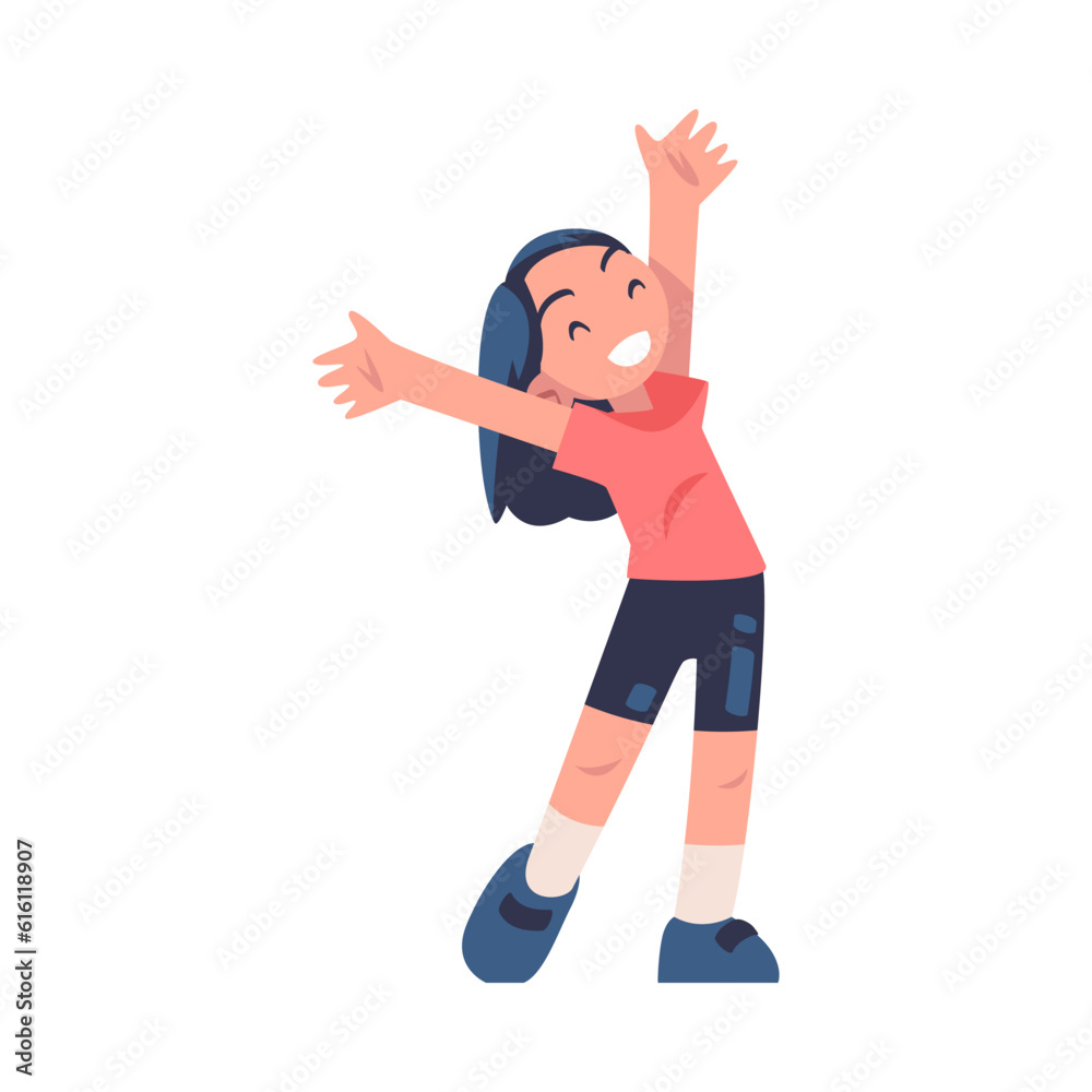 Happy Girl with Her Hands Up Standing and Smiling Vector Illustration
