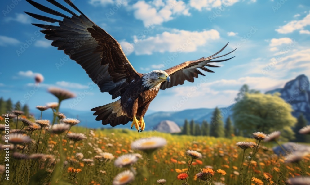 Bald Eagle Flying on Flower Field Blue Sky Background. Generative Ai Bald Eagle Flying on Flower Field Blue Sky Background. Generative Ai