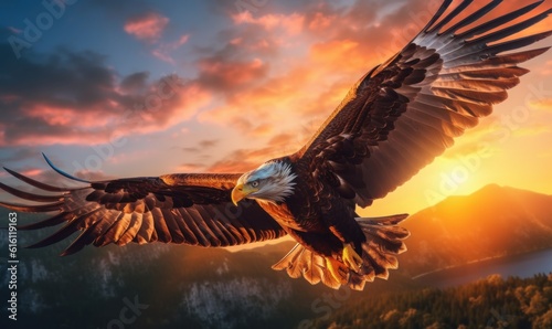 Bald Eagle Flying on Sunset Background. Generative Ai