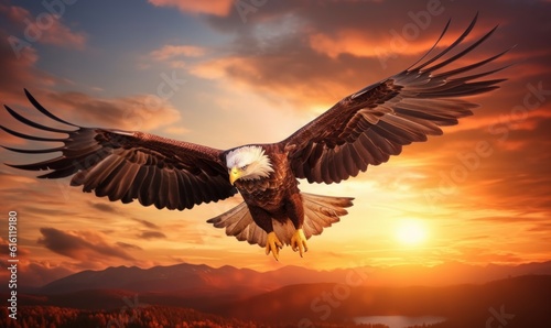 Bald Eagle Flying on Sunset Background. Generative Ai