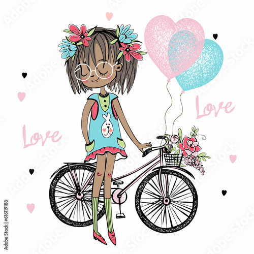 Cute fashionista dark-skinned teenage girl , a Bicycle and balloons with hearts. Vector.