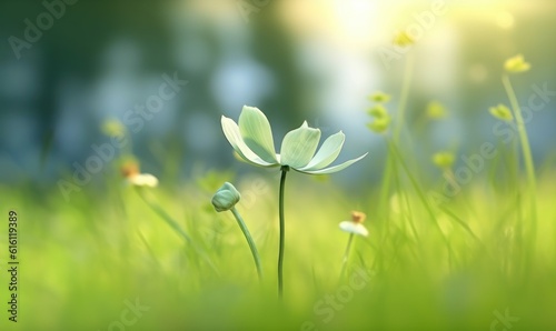 Beautiful Little Flower on Light Green Blur Background. Generative Ai