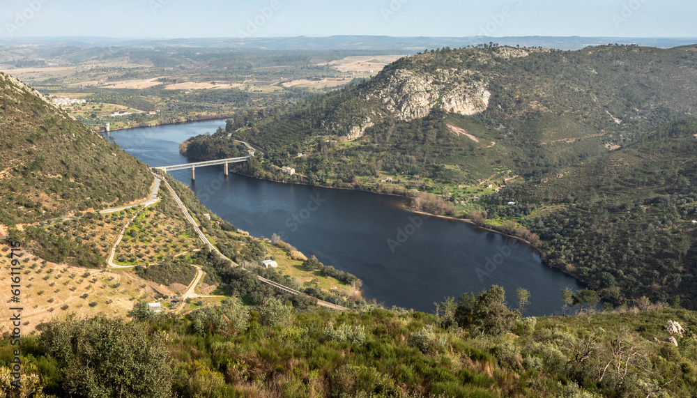 Panoramic landscape over the Tagus river in Vila Velha de Ródão, Portugal, from the viewpoint of the castle of Ródão.