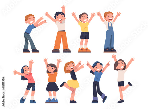 Happy Children with Their Hands Up Standing and Smiling Vector Set