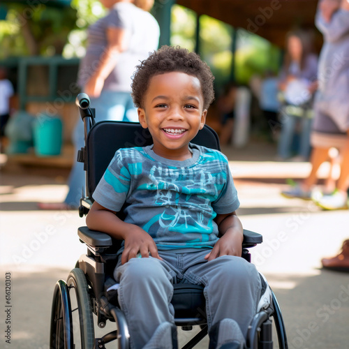 black smiling kid in a wheelchair