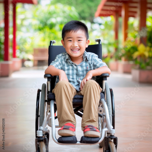 asian smiling kid in a wheelchair