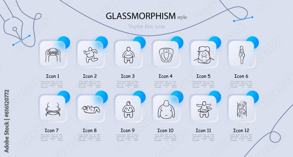 Obesity Support Icon. Weight management, healthy lifestyle, nutritional guidance, physical activity, personalized diet plans. Glassmorphism style. Vector line icon Obesity Support Icon. Weight management, healthy lifestyle, nutritional guidance, physical activity, personalized diet plans. Glassmorphism style. Vector line icon