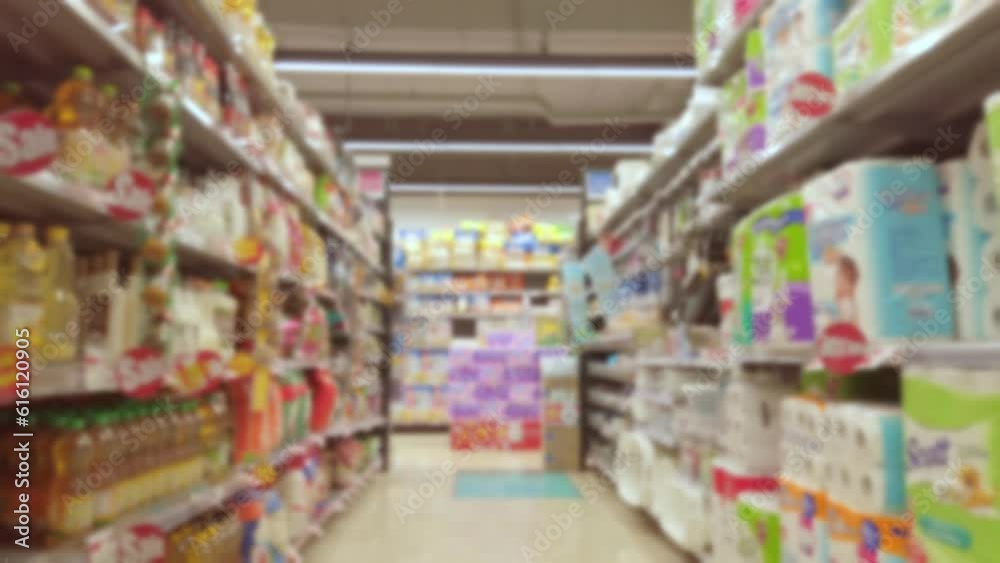 Blurred and trolley moving through product shelf within supermarket