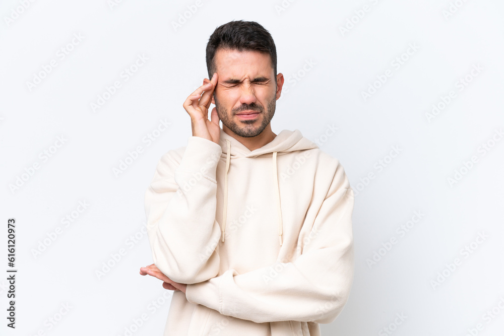 Young caucasian man isolated on white background with headache Young caucasian man isolated on white background with headache
