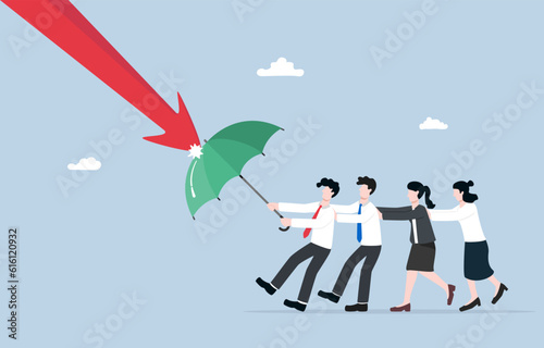 Teamwork to help business survive crisis, collaboration to overcome difficulty, team support concept, Business people spreading umbrella to prevent down arrow attack.