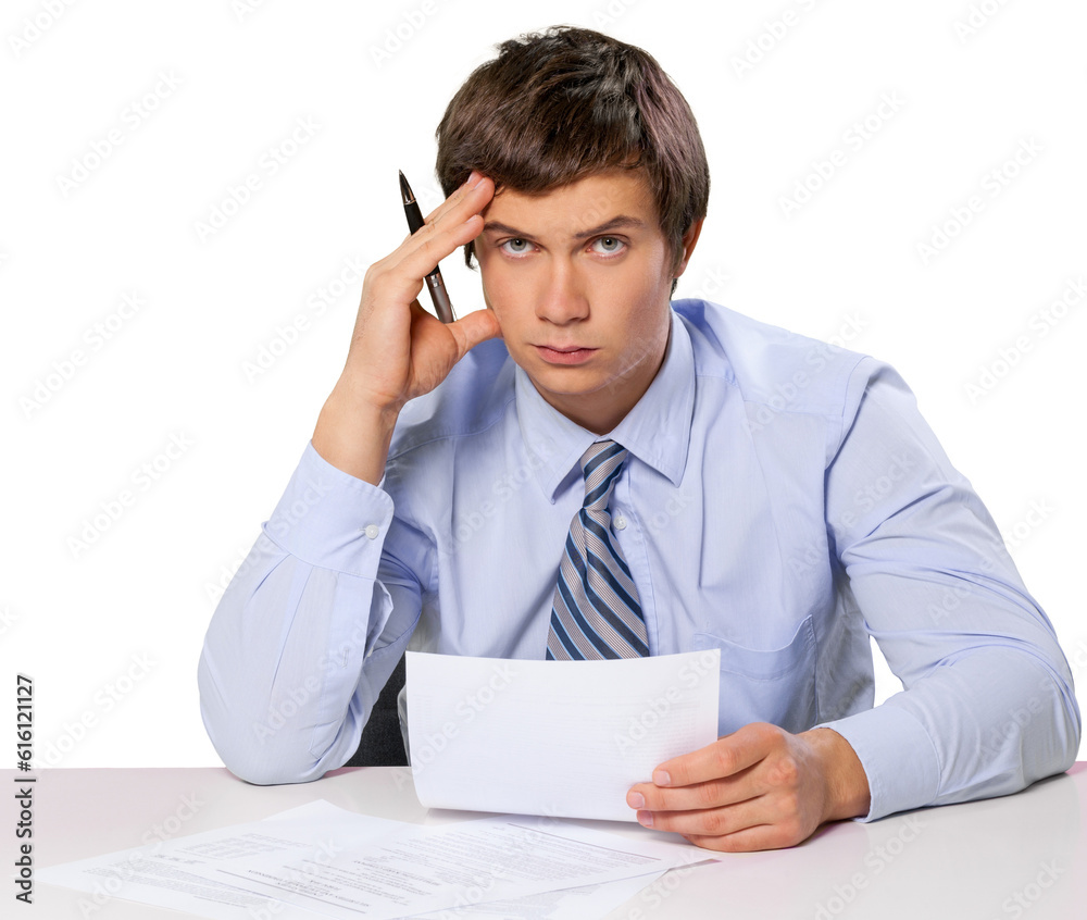 Tired Businessman Working with Documents - Isolated Tired Businessman Working with Documents - Isolated